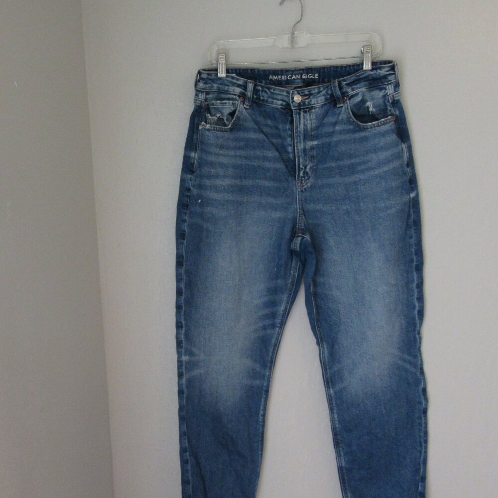 AMERICAN EAGLE Blue Denim Mom Jean Strigid Regular Size 14 Raw Hem